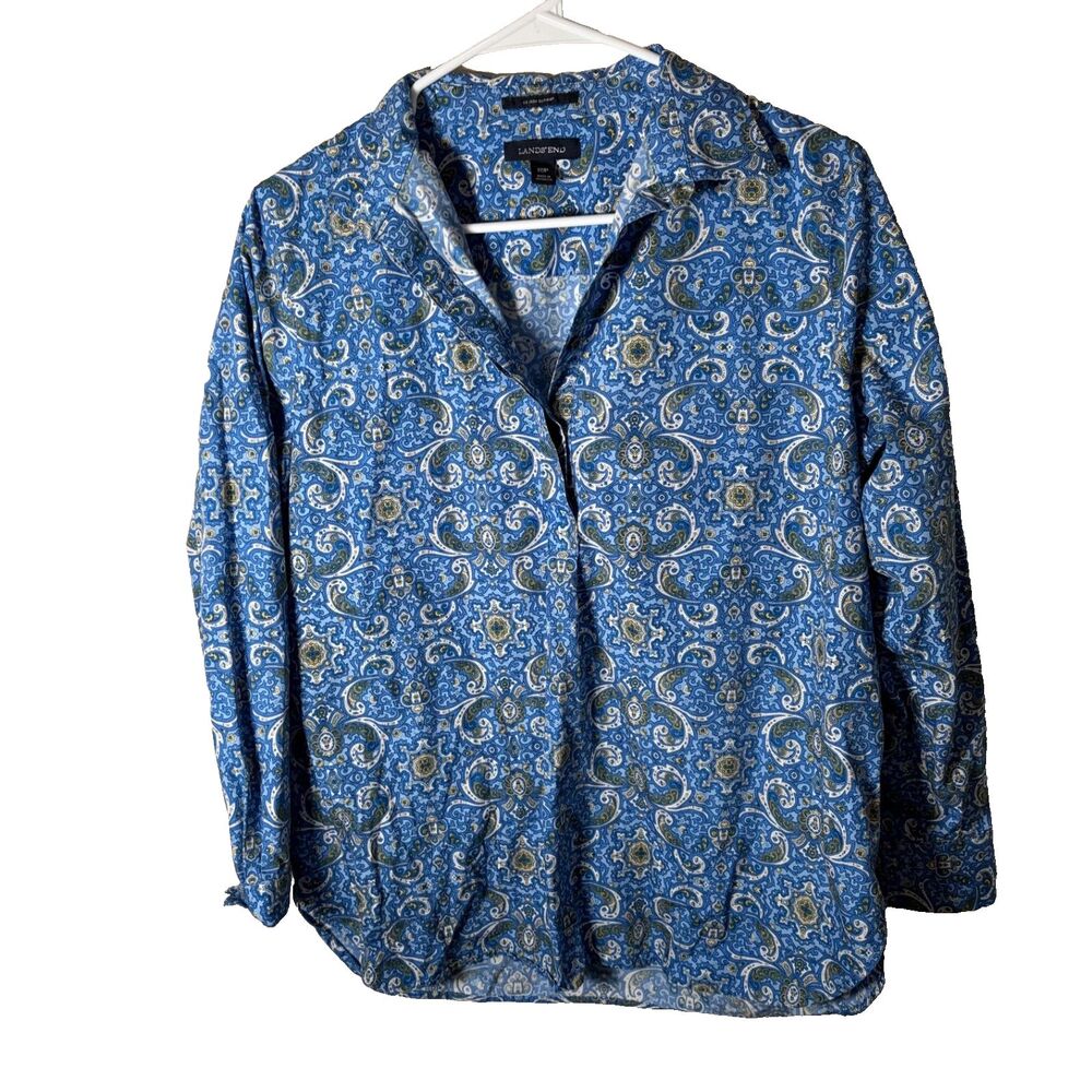 Lands' End Shirt Women's Petite 10 Blue Popover No Iron 3/4 Sleeve Collared